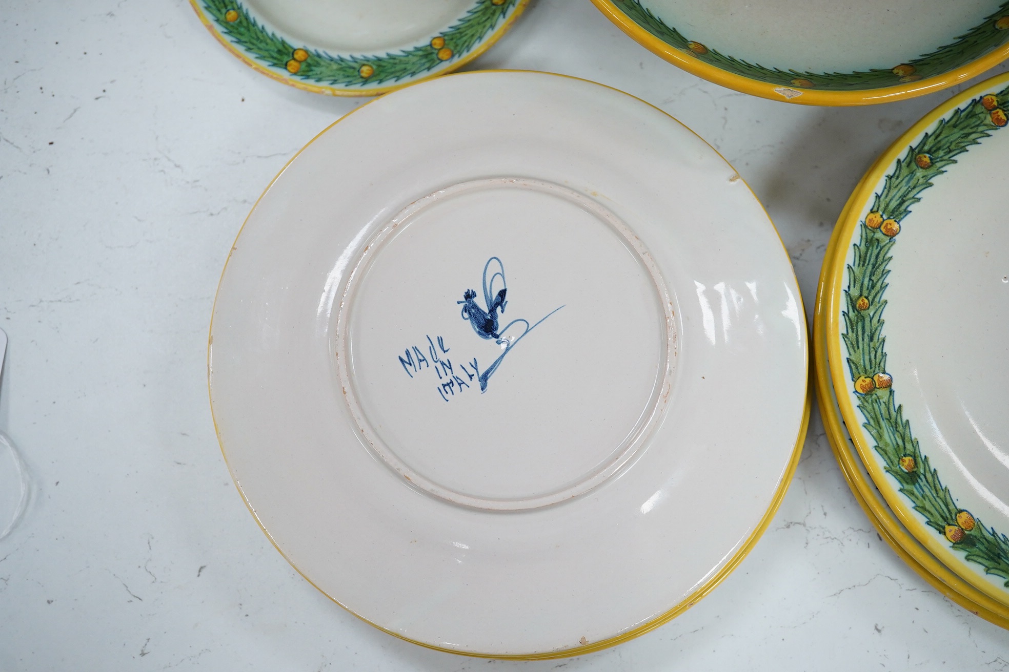 A Cantagalli part breakfast set, comport 20cm diameter. Condition - two cups chipped and cracked. Some small manufacturing faults in the glaze on some plates and minor chip to base comport.